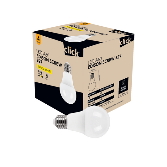 Click 810 Lumen LED A60 8W Warm White Edison Screw E27 4pk