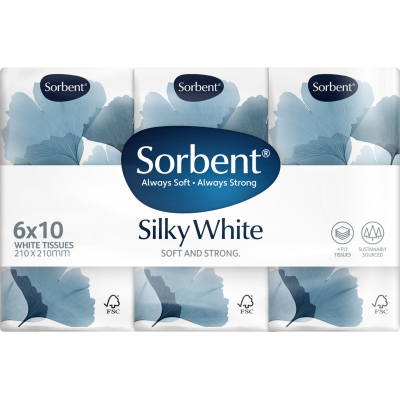 Sorbent Silky White Pocket Tissues 6pk