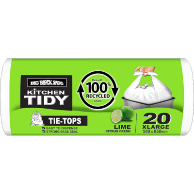 Big Black Sacks Kitchen Tidy Liner Tie-Top Lime Citrus Fresh XLarge 580 x 850mm 20pk