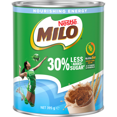 Nestle Milo 30% Less Added Sugar Chocolate Malt Powder Hot or Cold Drink Tin 395g