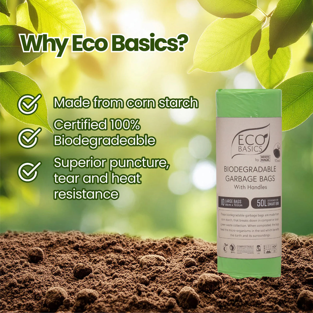 Eco Basics 100% Home Compostible Large Garbage Bags with Handles 50L