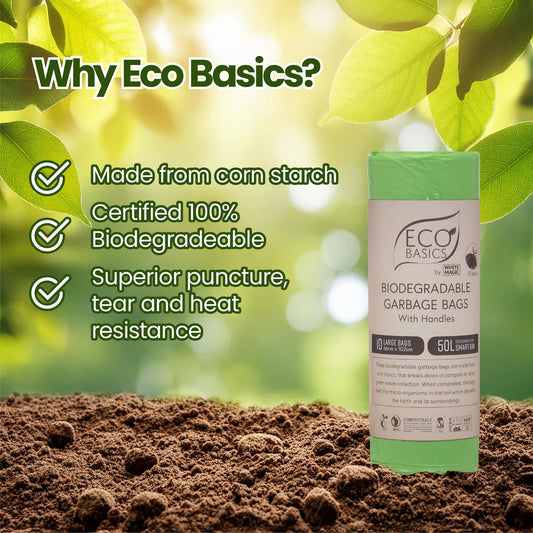 Eco Basics 100% Home Compostible Large Garbage Bags with Handles 50L