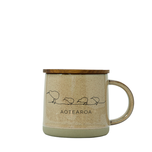 Glazed Brown Ceramic Mug with Kiwi design