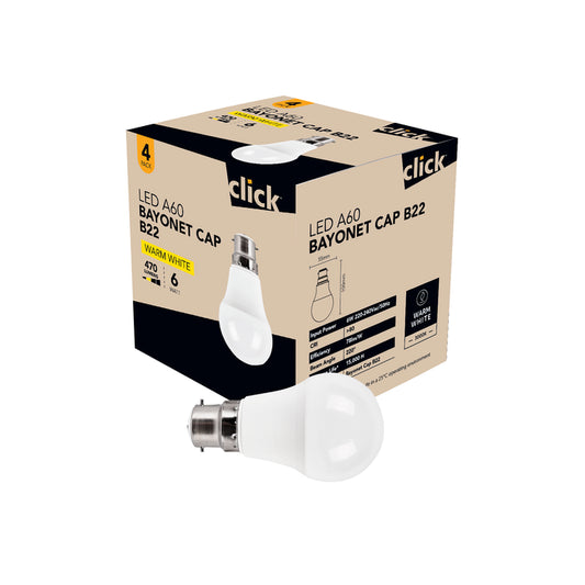 Click 470 Lumen LED A60 6W Warm White Bayonet Globe 4pk
