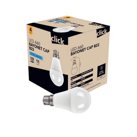 Click 1250 Lumen LED A60 11W Cool White Bayonet Globe 4pk
