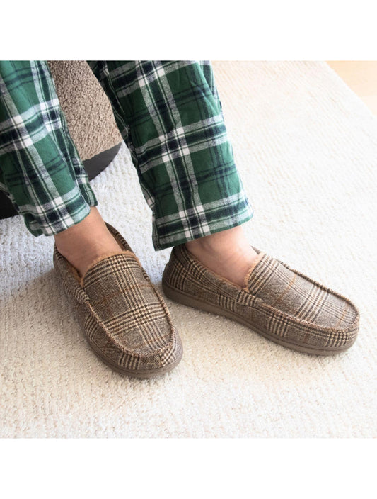 SnuggUps Men's Moccasin Brown Plaid Slippers